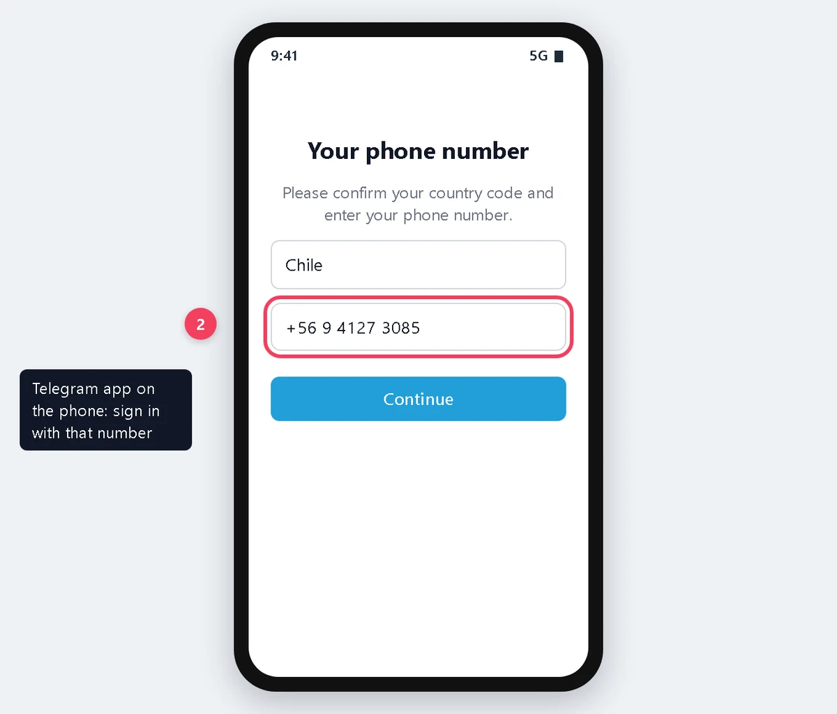 Telegram 手机 App 输入手机号的页面